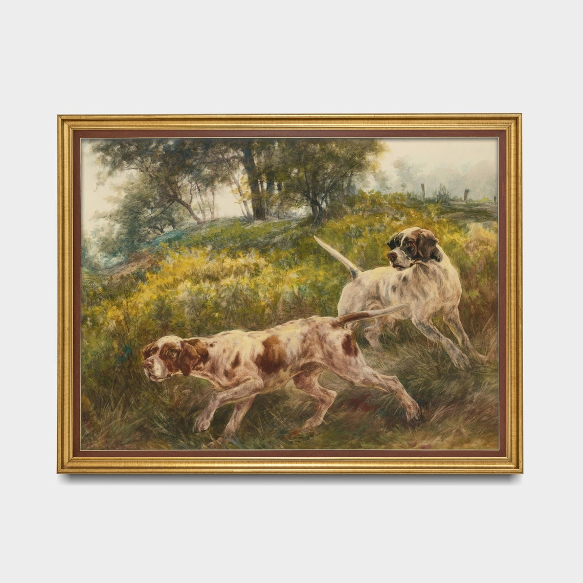 Two Hunting Dogs Running Through Tall Grass Vintage Painting Poster - Image 3