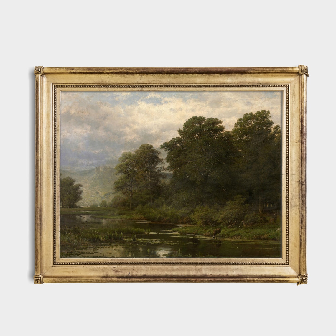Deer Drinking at a River Beneath Trees Summer Landscape Poster - Image 2