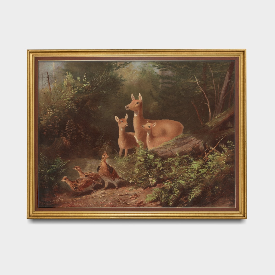 Doe with Fawns and Partridges in Woodland Vintage Wildlife Poster - Image 3
