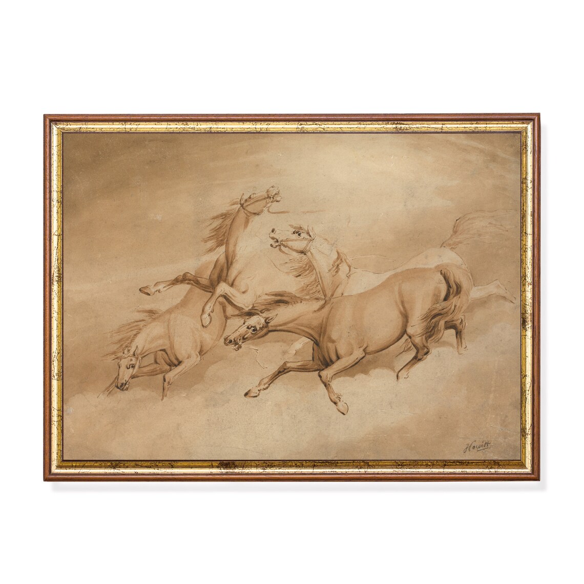 Four Galloping Horses in Sepia Ink Sketch Equestrian Art Poster