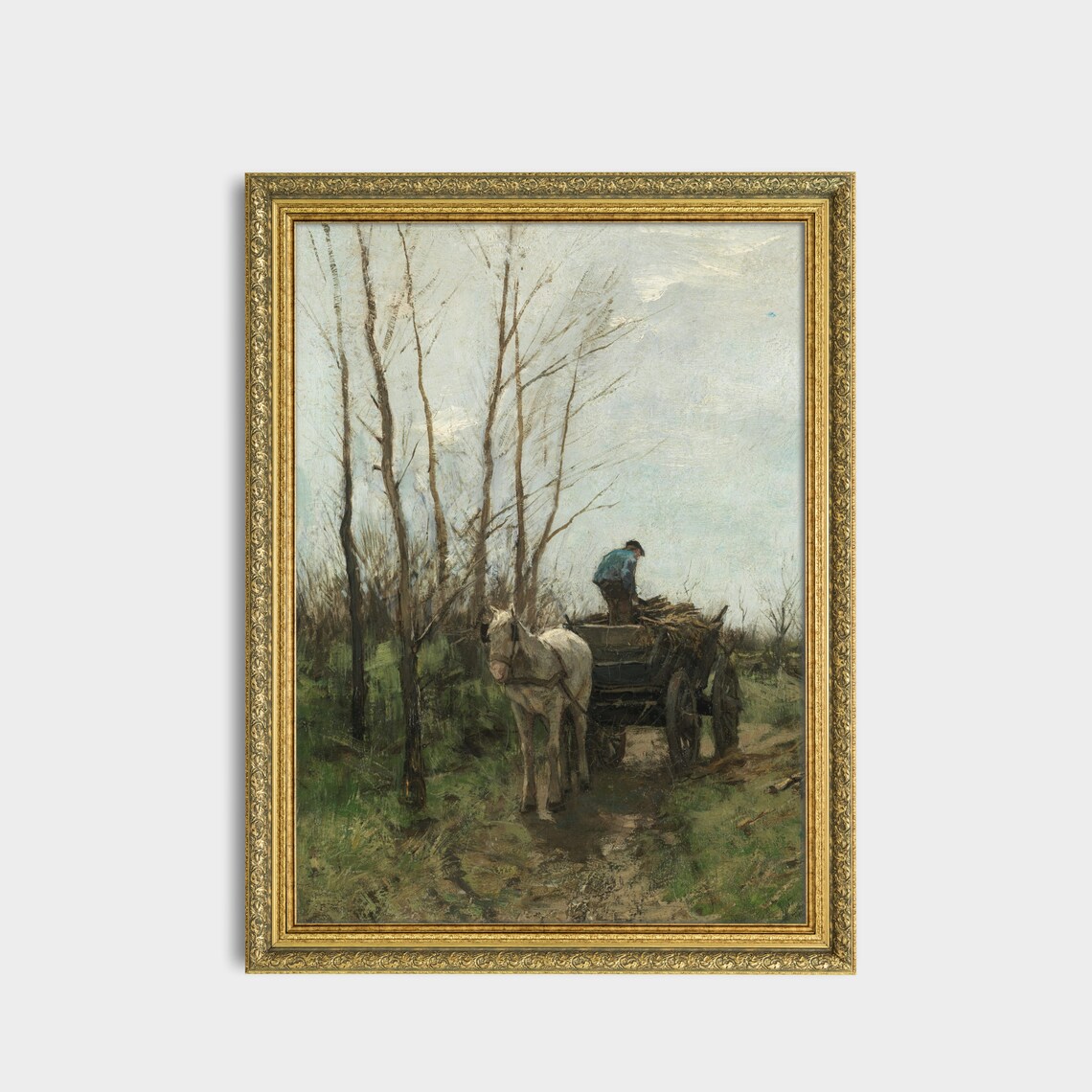White Horse Pulling a Wooden Cart on a Country Road Antique Poster - Image 3