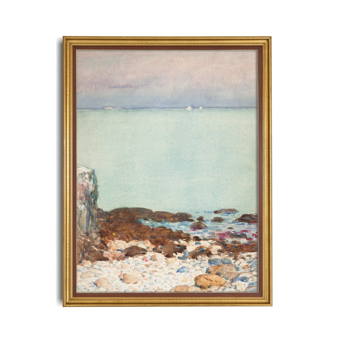 Rocky Shoreline with Pale Sea and Distant Ships Watercolor Poster - Image 2