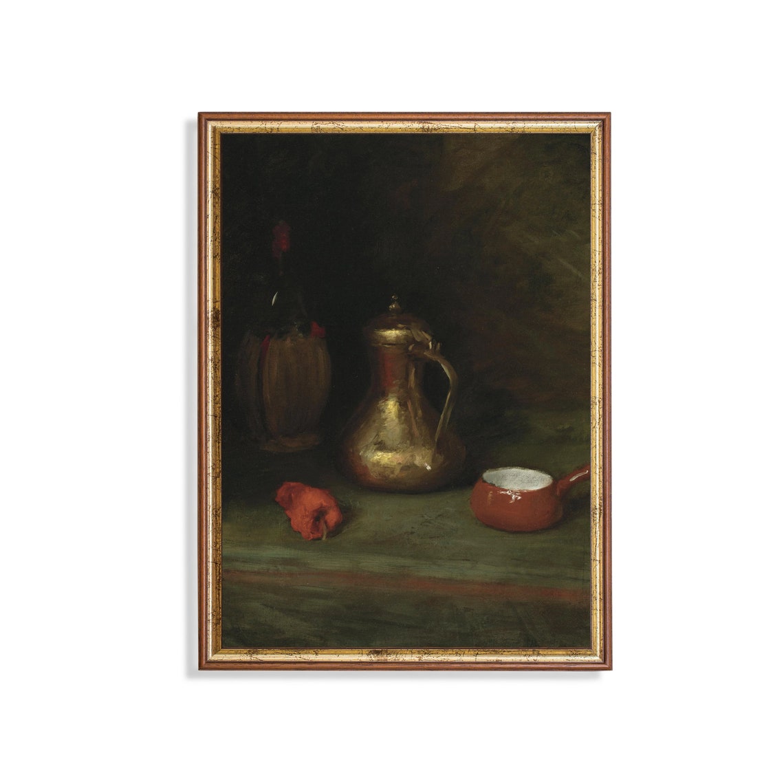 Copper Ewer and Red Bowl in a Dark Still Life Kitchen Painting Poster
