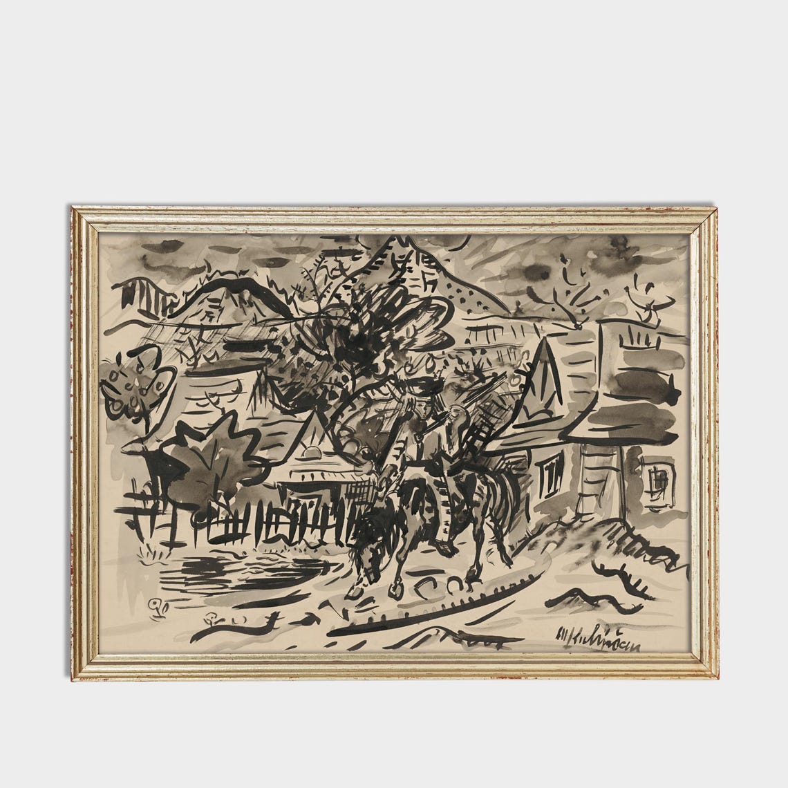 Mountain Village Ink Sketch with Horse Rider and Church Poster - Image 3