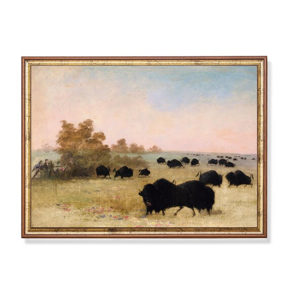Buffalo Herd on Prairie Hunters American Frontier Wildlife Poster