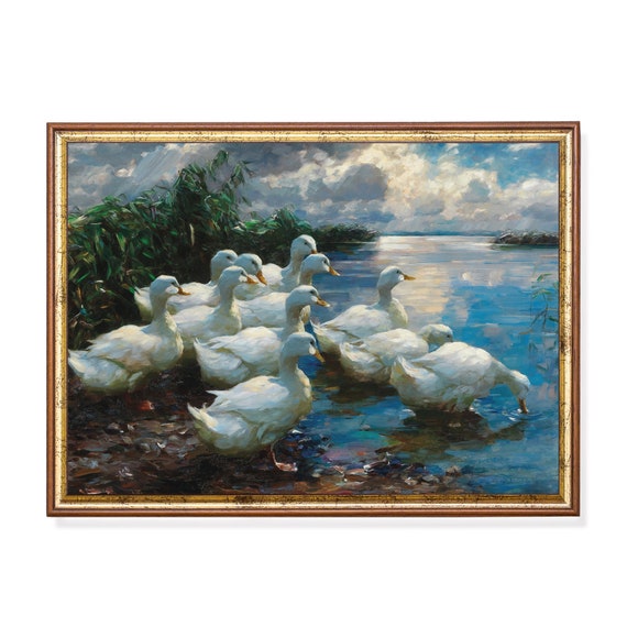 Vintage Ducks Painting Antique Birds Fine Print Moody Rustic Landscape Art Ducks By A Lake Wall Art Instant