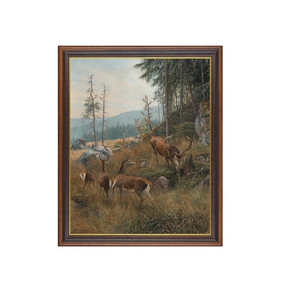 Mailed Print Vintage Deer Painting Antique Animal Print Moody Rustic Art Farmhouse Decor Fine Art Printed And Shipped
