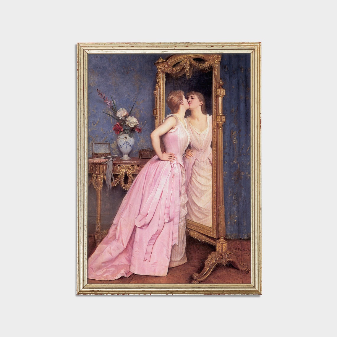 Woman In Pink Gown Kissing Her Reflection In The Cheval Mirror Poster - Image 2