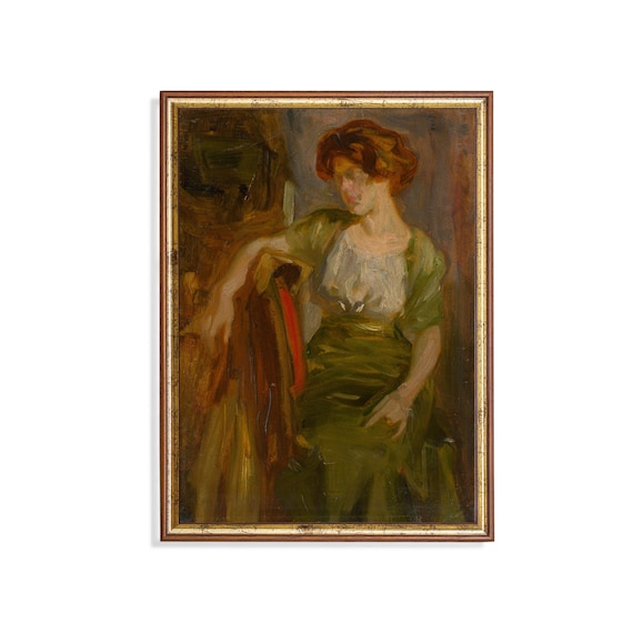 Red-Haired Woman in a Green Dress Seated Impressionist Portrait Poster