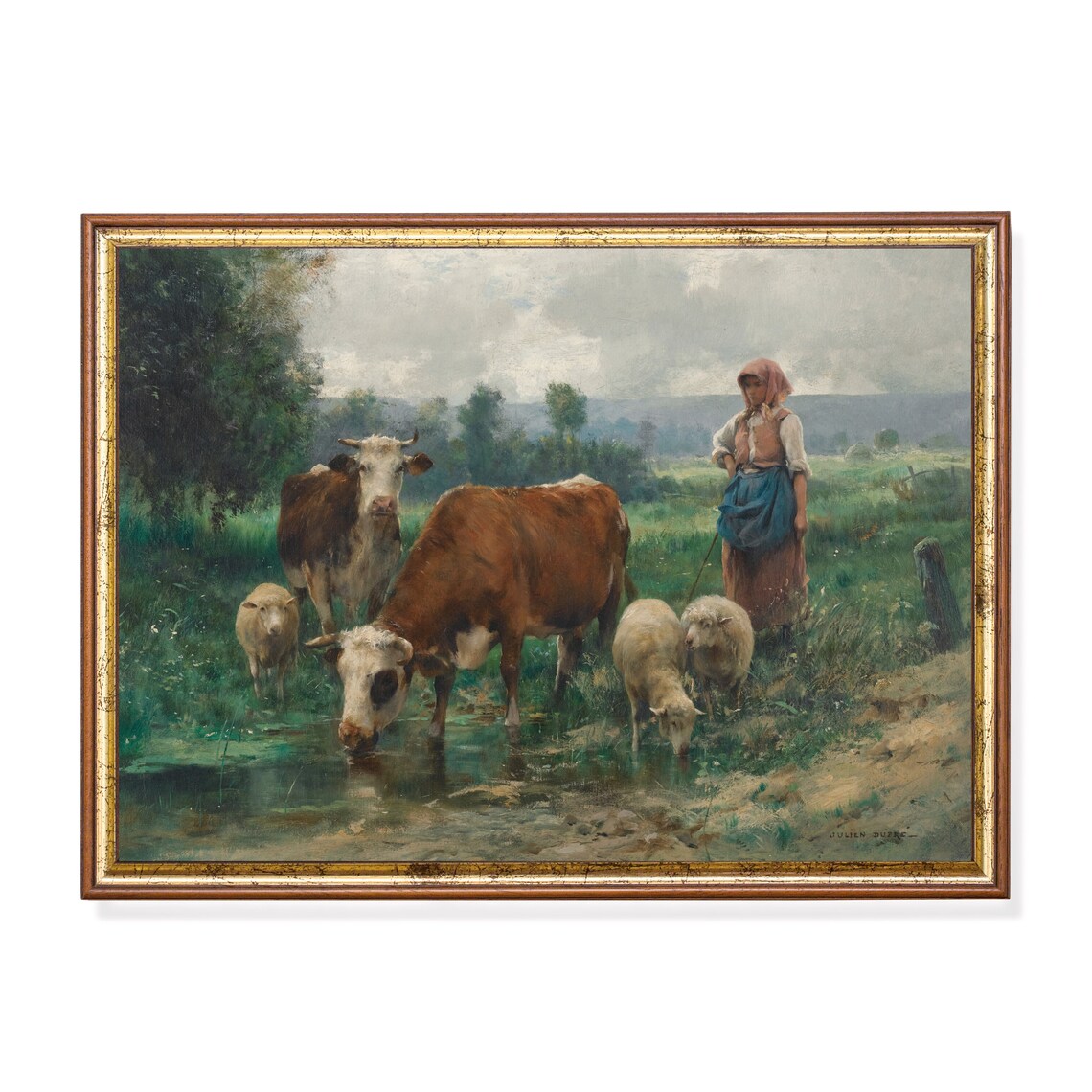 Vintage Shepherdess With Her Flock Country Art Print