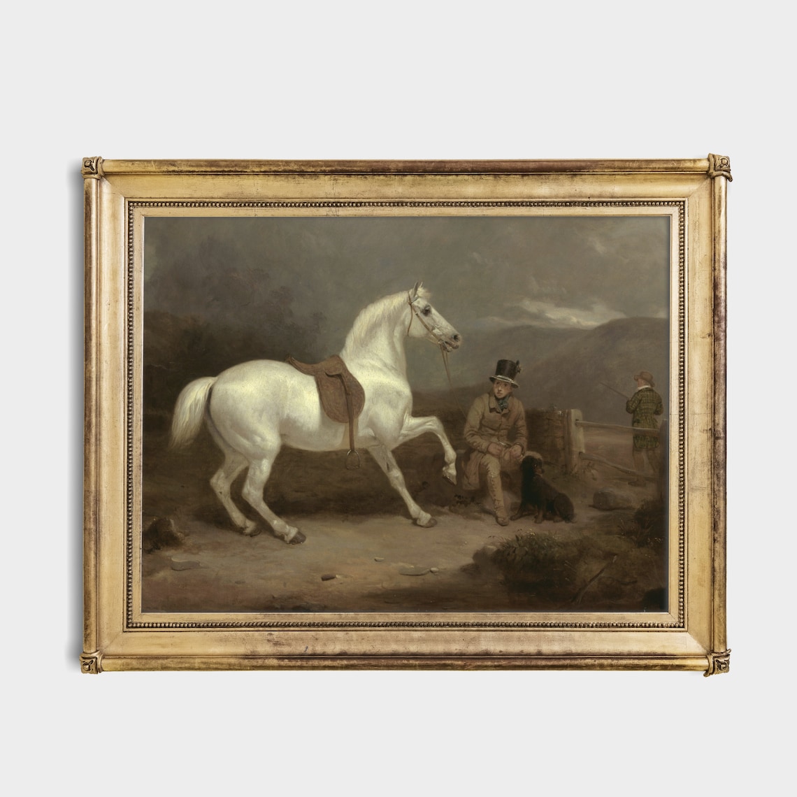 Vintage Equestrian Painting of a White Horse With a Rider Poster - Image 3
