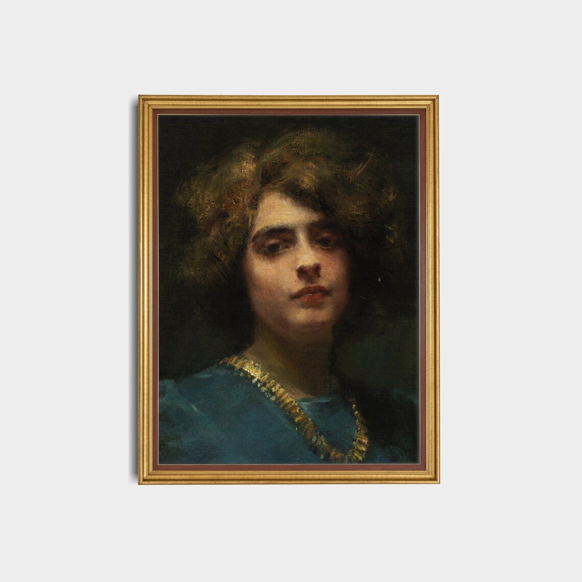 Woman in a Teal Dress with a Gold Necklace Antique Portrait Poster - Image 3