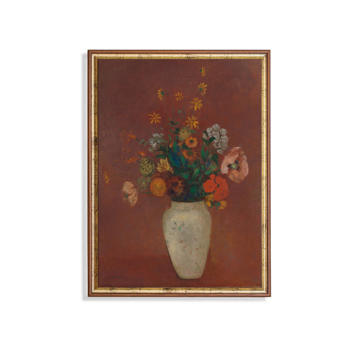 Wildflowers in a White Vase Against a Rust Red Ground Poster