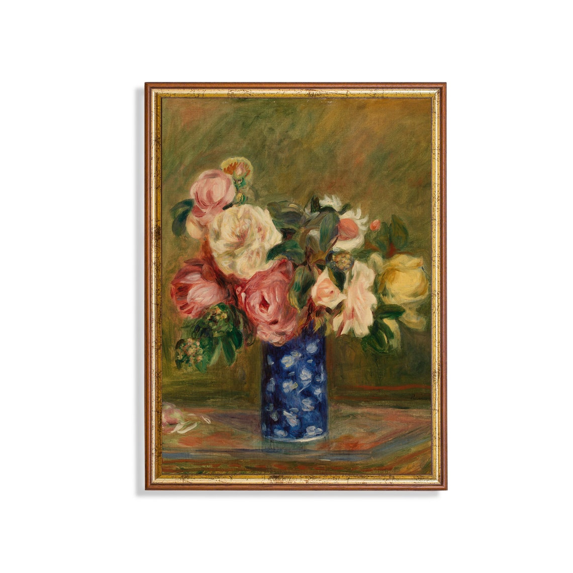 Pink Roses Blue Patterned Vase Impressionist Vintage Floral Art Poster