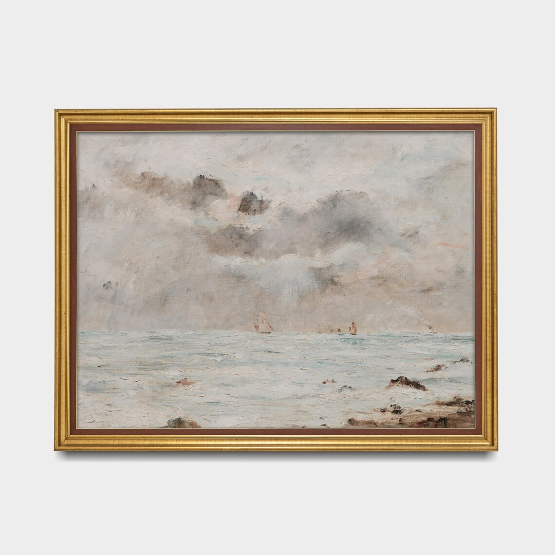 Muted Vintage Seascape Painting With Sailboats Coastal Art Poster - Image 4