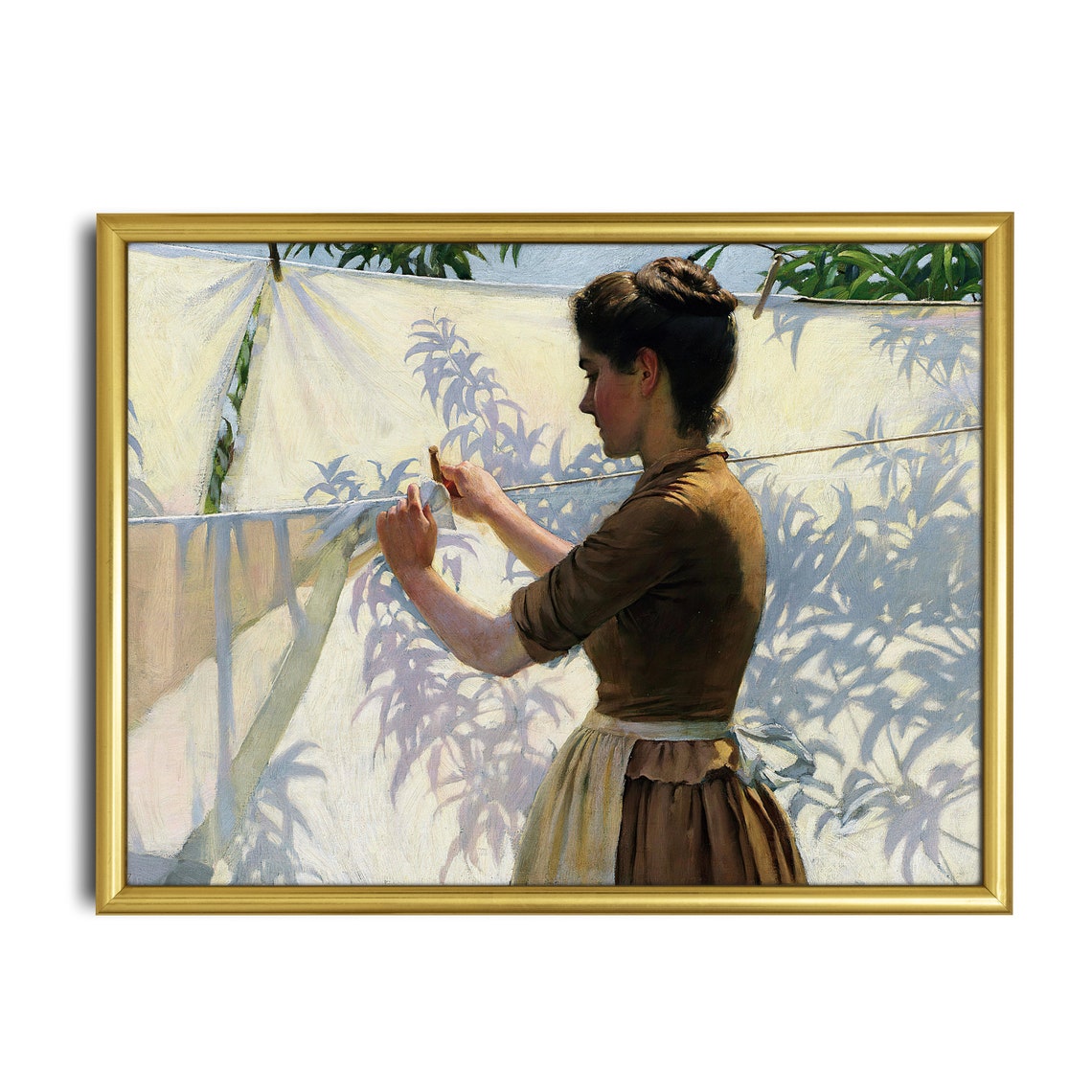 Woman Hanging Sunlit Laundry with Leaf Shadows Washday Scene Poster