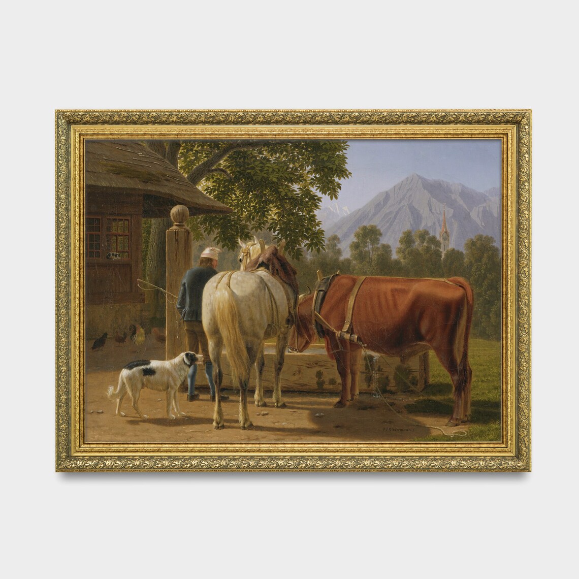Farmyard Horse Cow and Dog at the Trough Alpine Scene Poster - Image 2