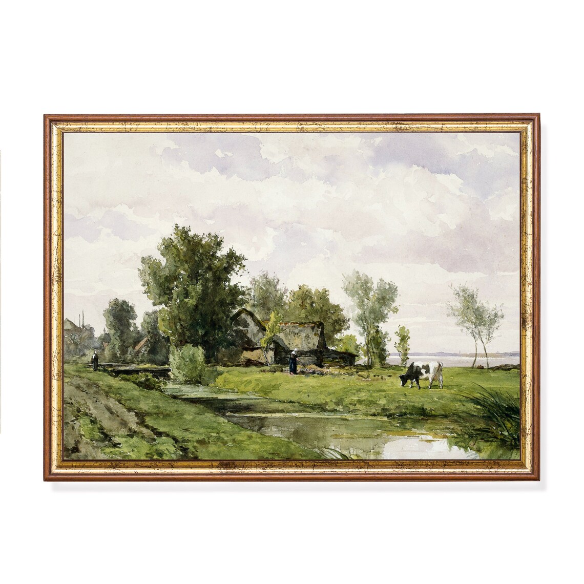 Country Cottage with Stream and Cow Vintage Farm Painting Poster