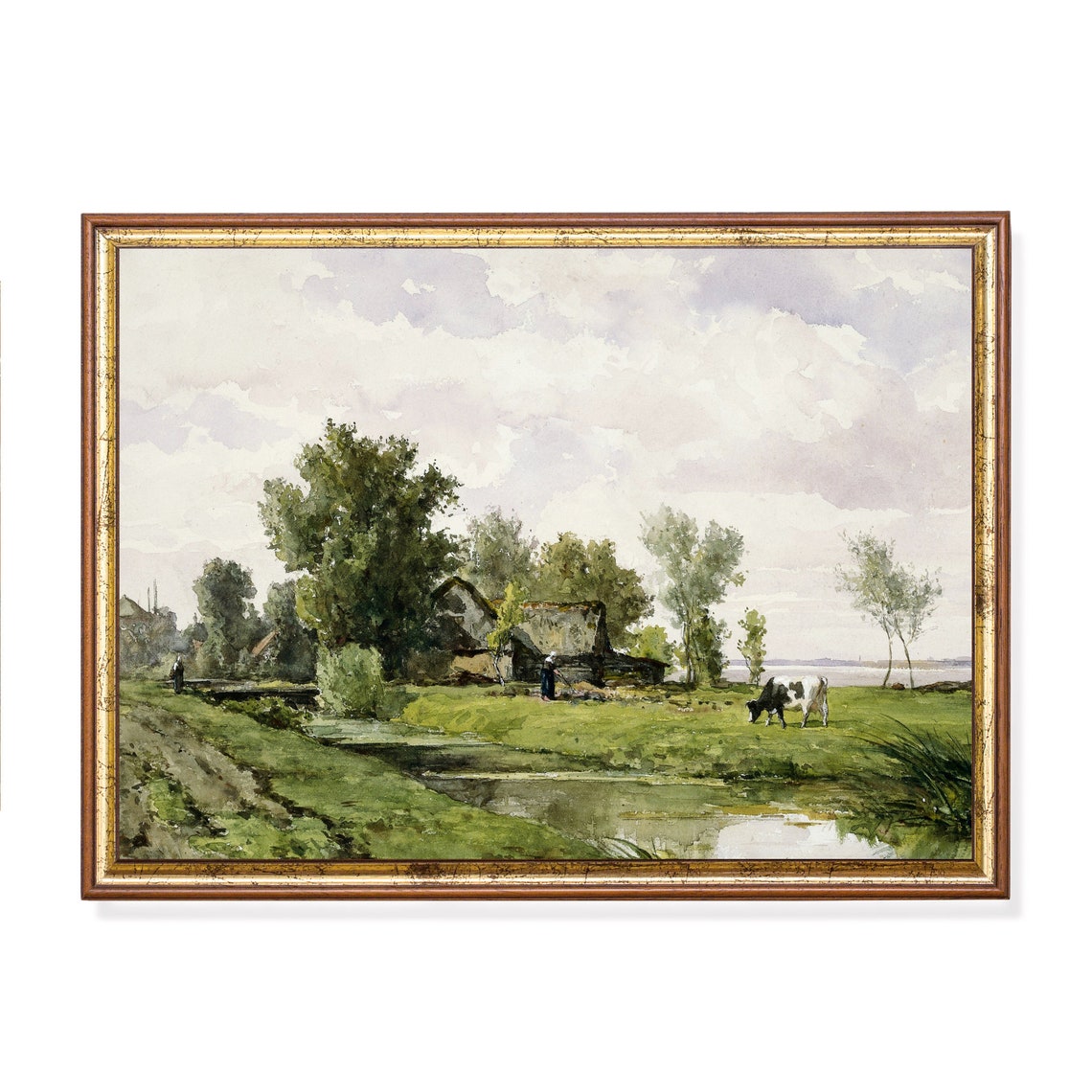 Dutch Riverside Meadow with Cow and Thatched Cottage Fine Art Poster