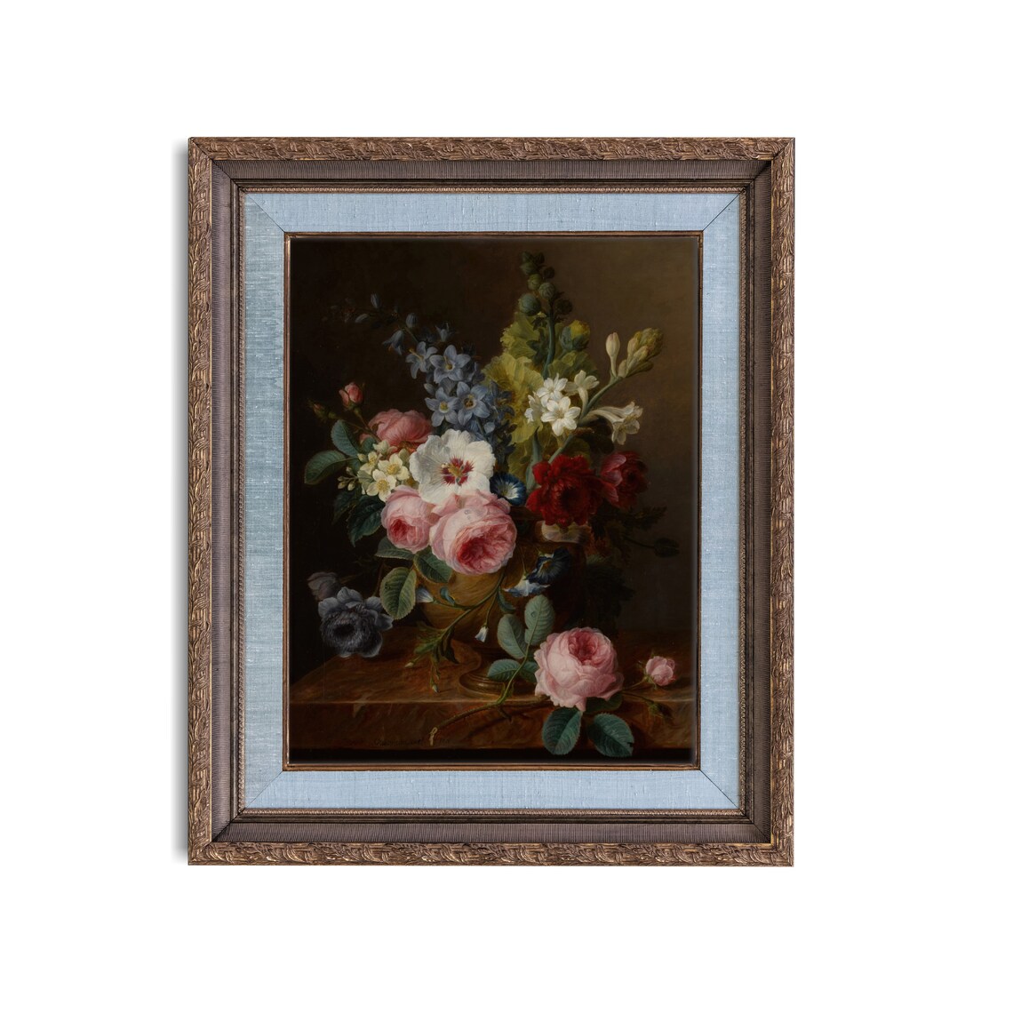 Roses and Delphiniums Dutch Floral Still Life Antique Painting Poster - Image 3