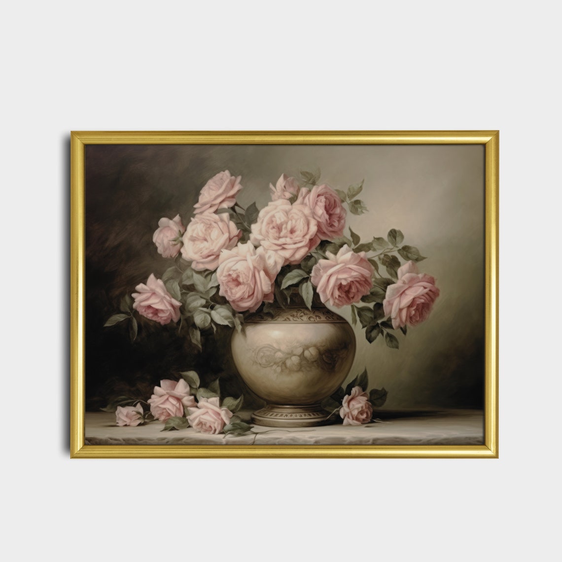 Blush Pink Roses In A Stone Vase Moody Floral Still Life Poster - Image 2