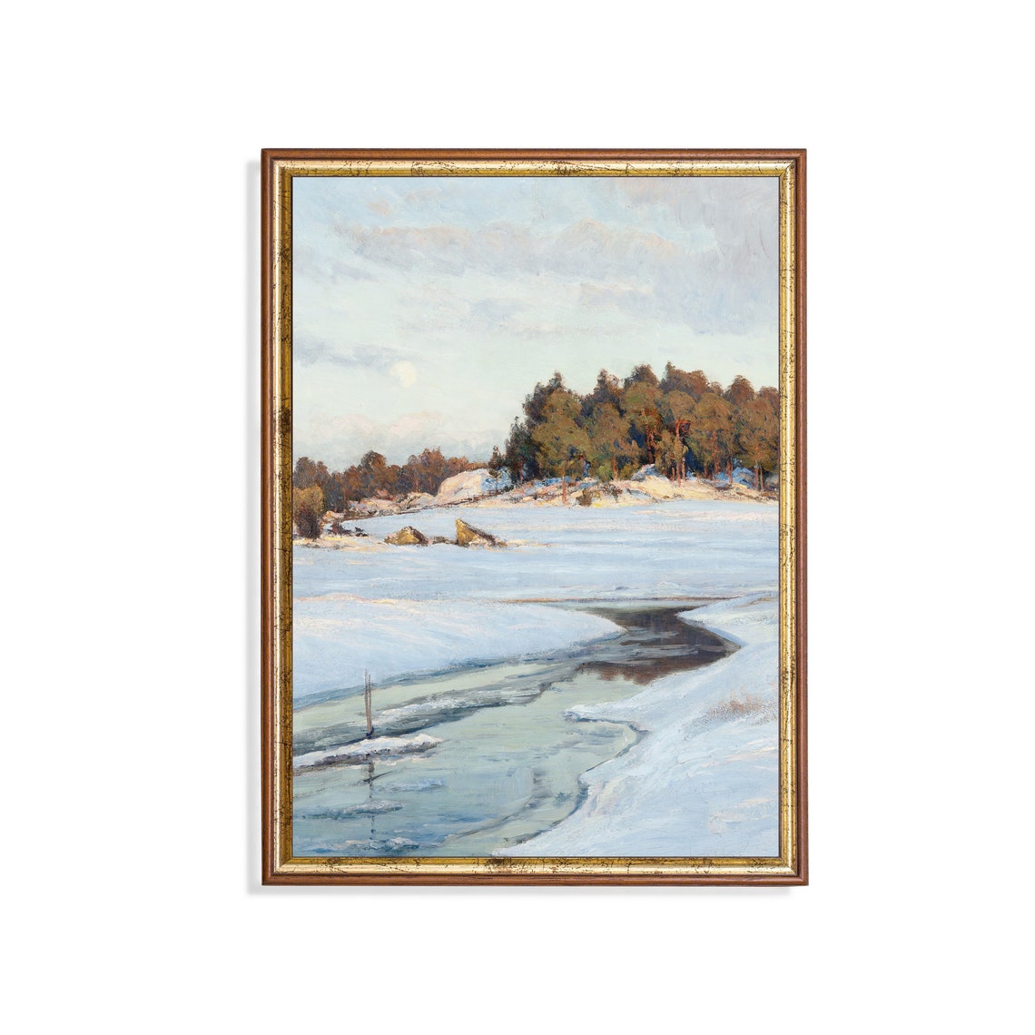 Frozen River Winding Through Snowy Winter Pines Vintage Poster