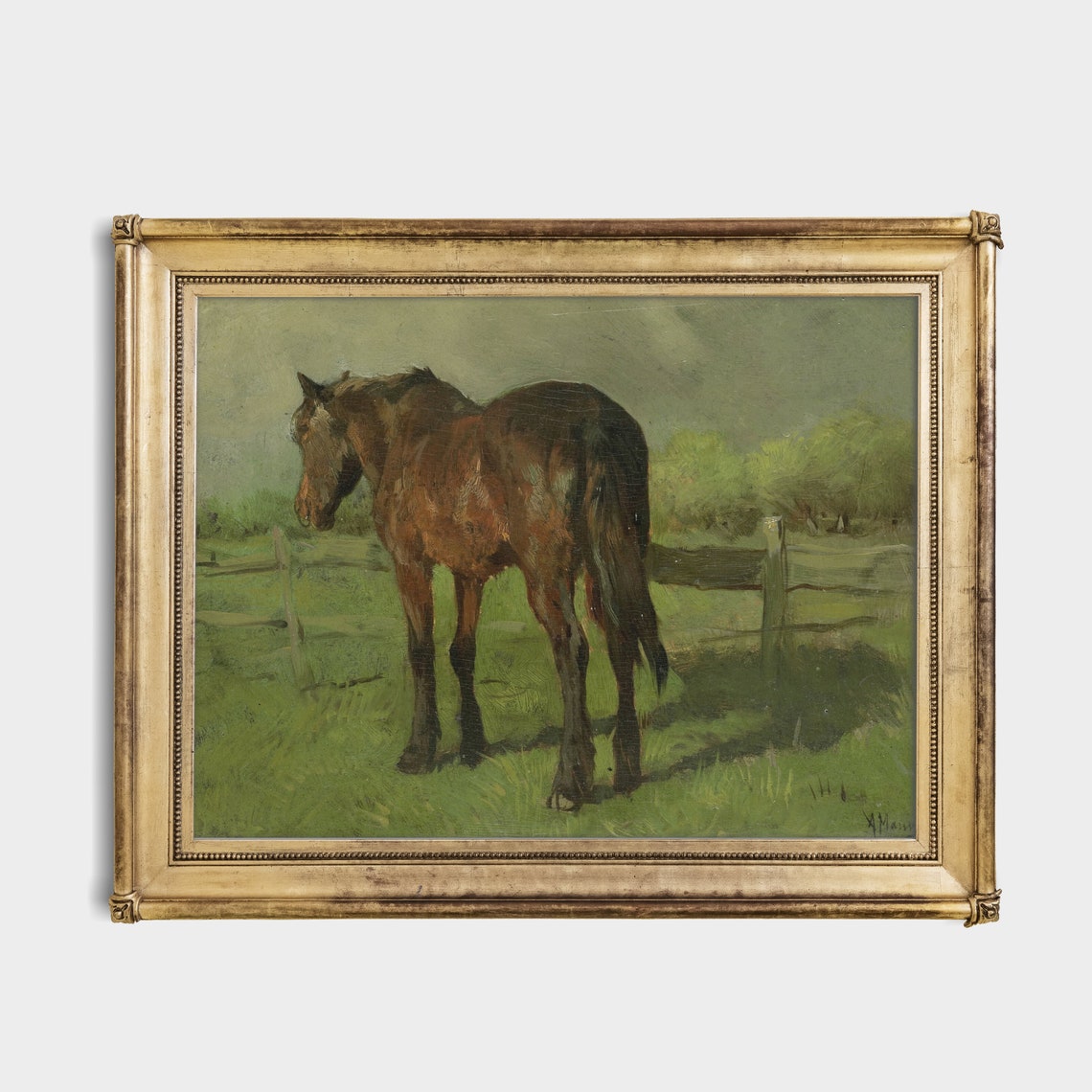 Brown Horse Standing in a Sunlit Green Pasture Painting Poster - Image 2