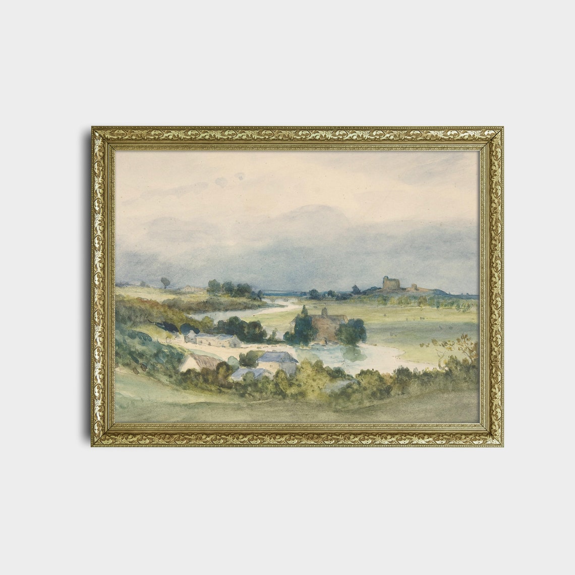 Watercolor River Valley with Distant Castle Ruins Antique Poster - Image 2