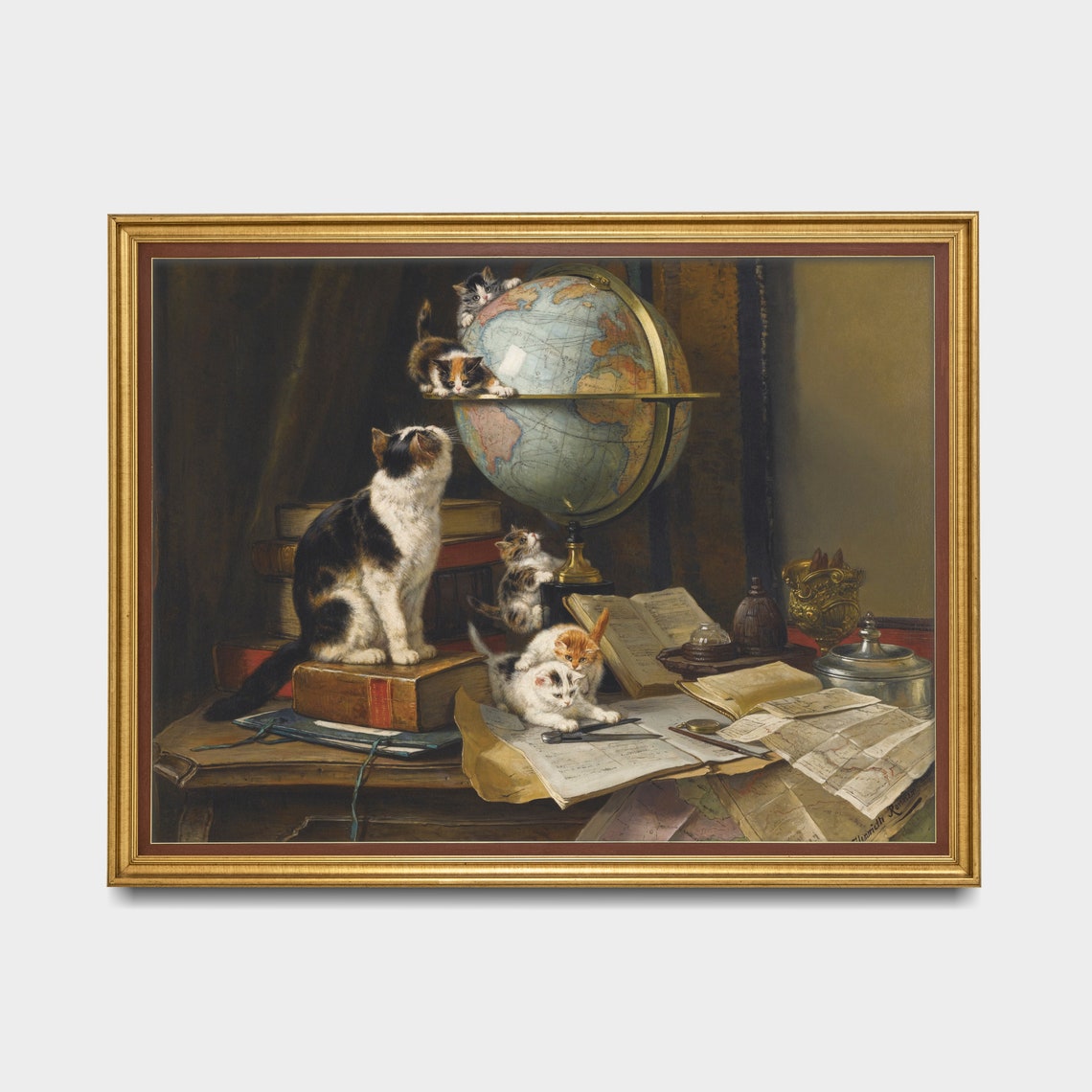 Kittens Playing With a Globe on a Scholar's Desk Vintage Poster - Image 2