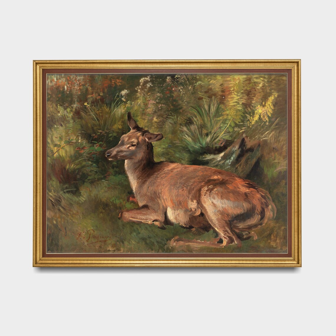 Resting Deer In Woodland Clearing Vintage Wildlife Painting Poster - Image 3