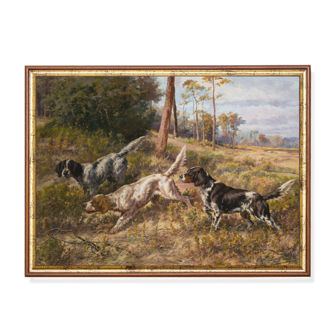 Vintage Dogs Painting, English Setters In Field Art Print
