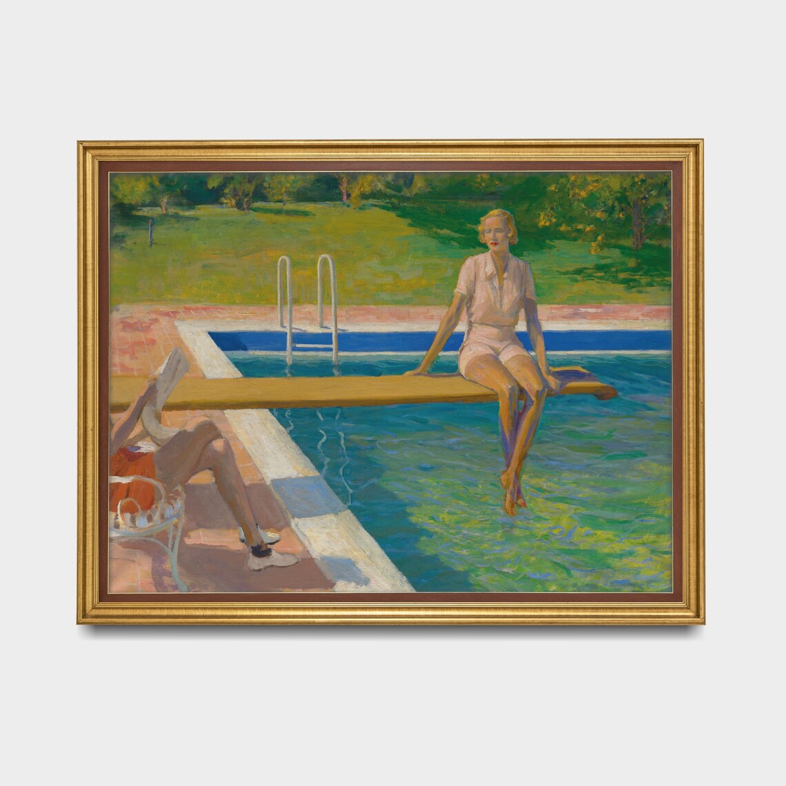 Vintage Painting Woman At Swimming Pool, Rustic Art Print - Image 3
