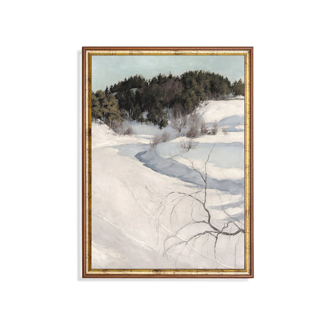 Snowy Hillside With Pine Forest Under a Pale Winter Sky Poster