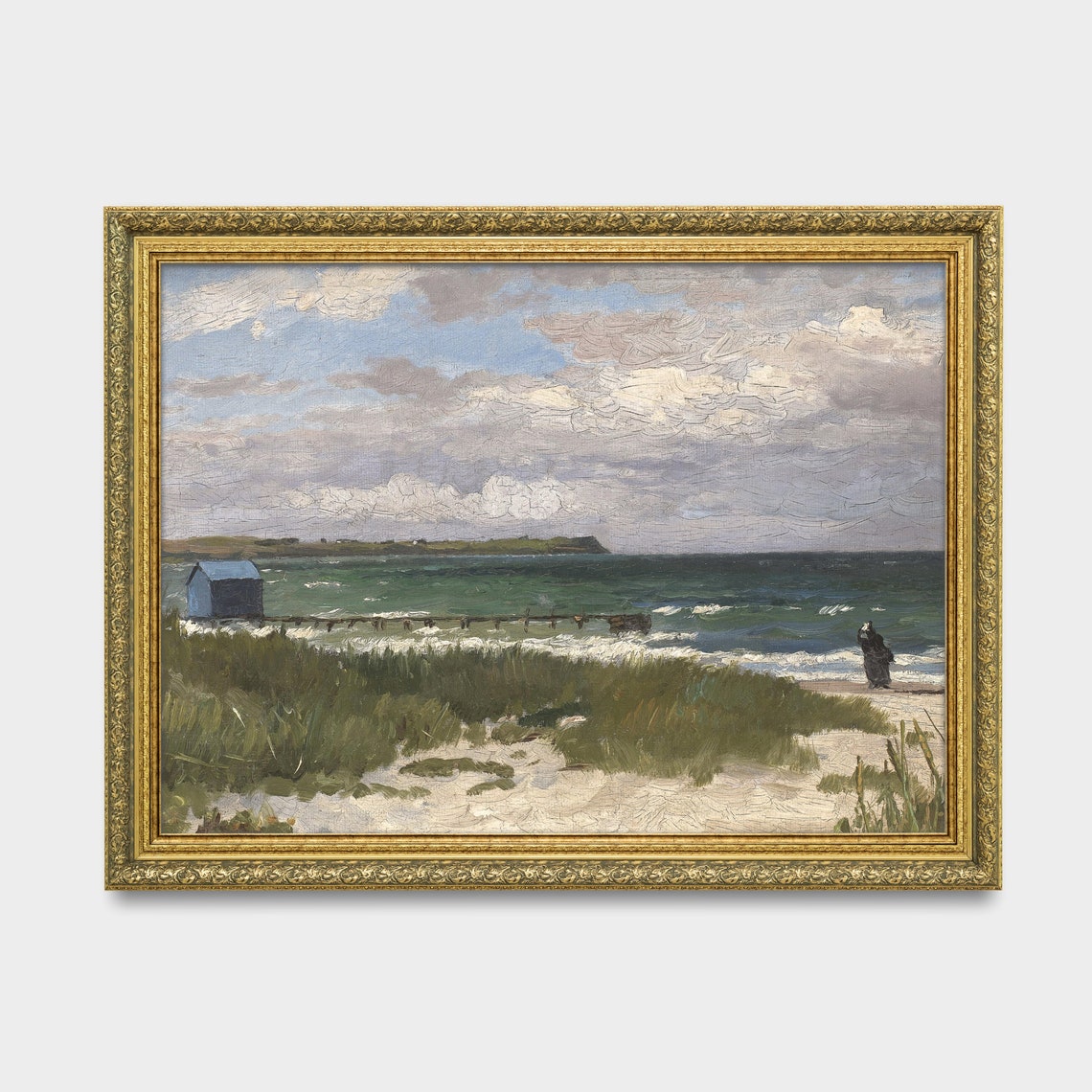Beach Hut and a Lone Figure on a Windswept Coastal Shore Poster - Image 3
