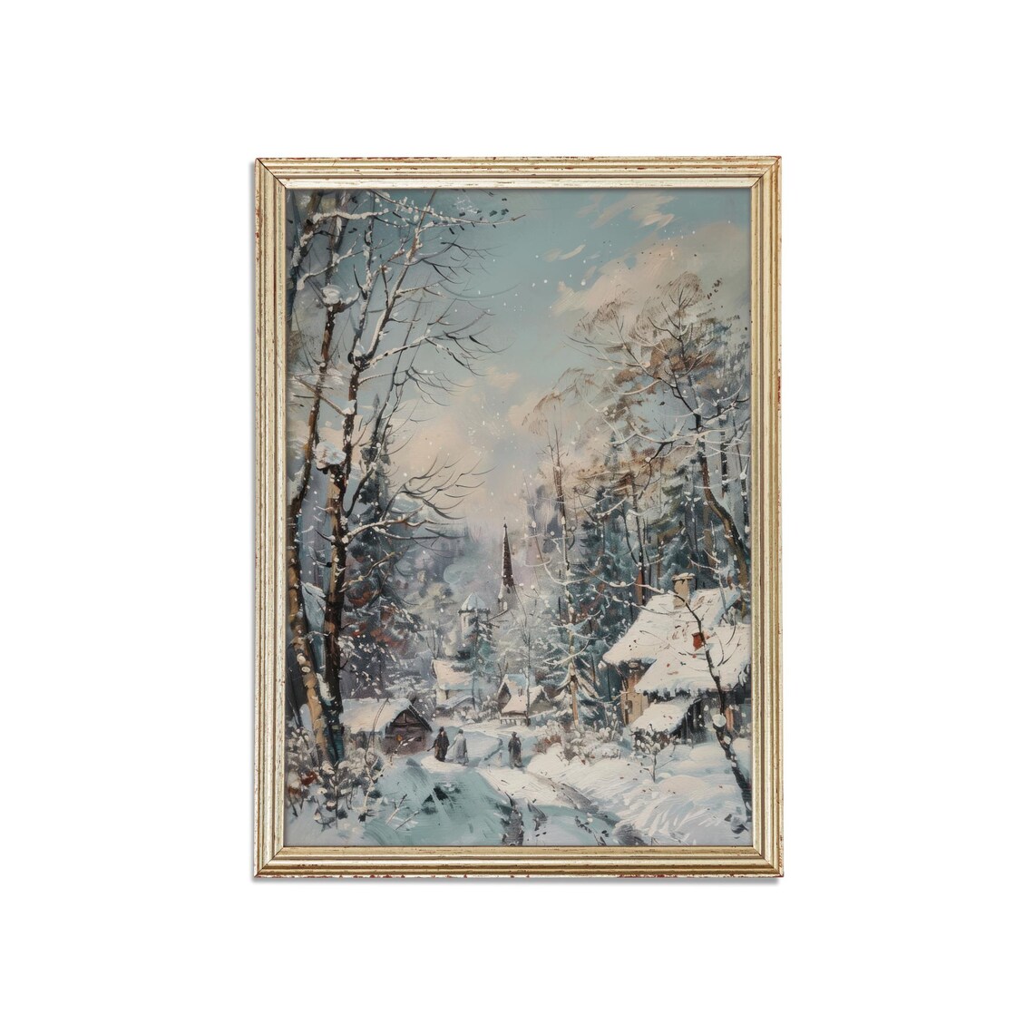 Snowy Village with Church Steeple Winter Scene Vintage Poster - Image 3