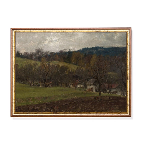Autumn Landscape Vintage Fall Painting Antique Country Farmhouse Decor Moody Rustic Prints Wall Art