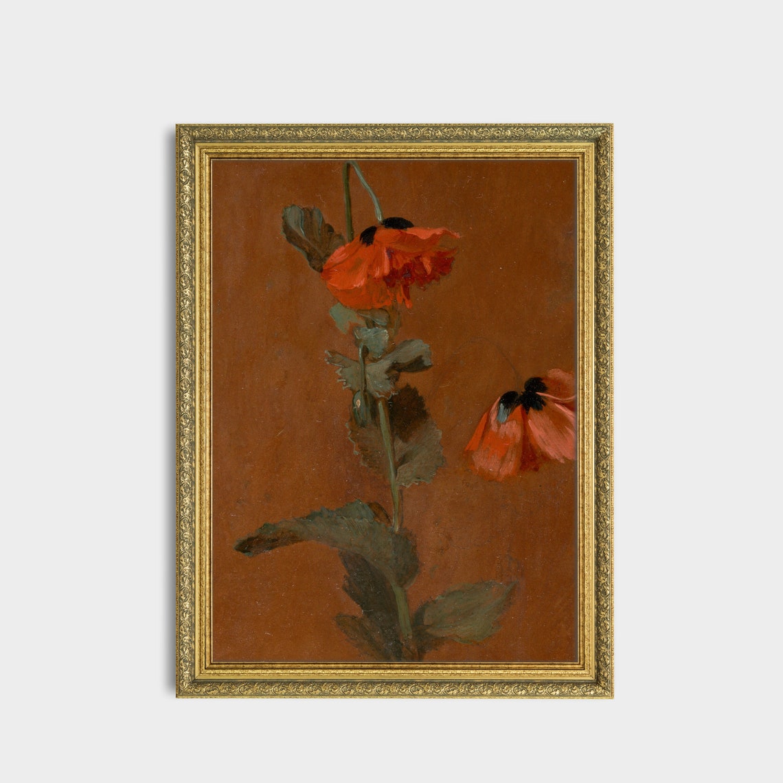 Vibrant Red Poppies on a Warm Brown Background Botanical Oil Poster - Image 2