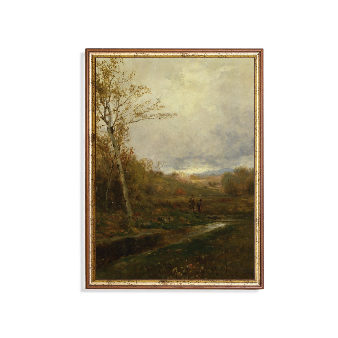Moody Autumn Stream Birch Trees Two Figures Vintage Landscape Poster