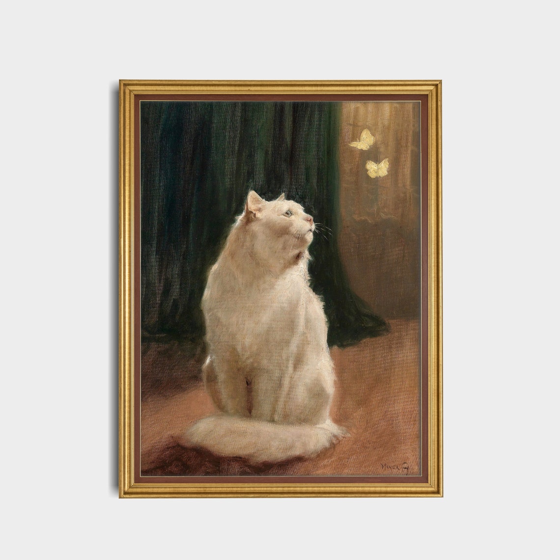 Fluffy White Cat Watching Two Butterflies by the Window Poster - Image 3