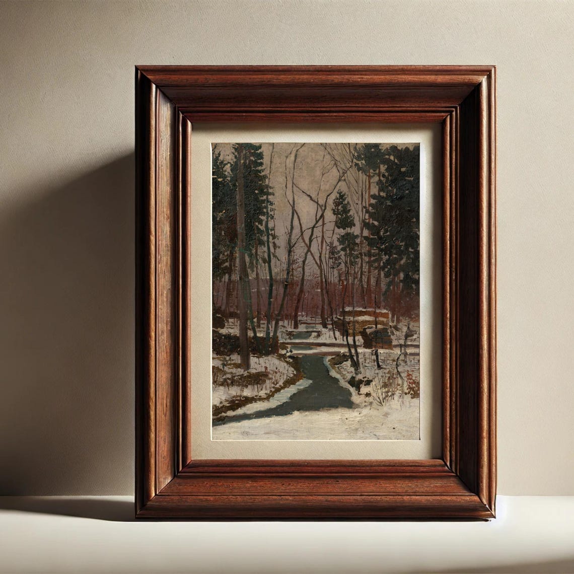 Snowy Winter Forest with Stream and Cabins Vintage Landscape Poster - Image 5