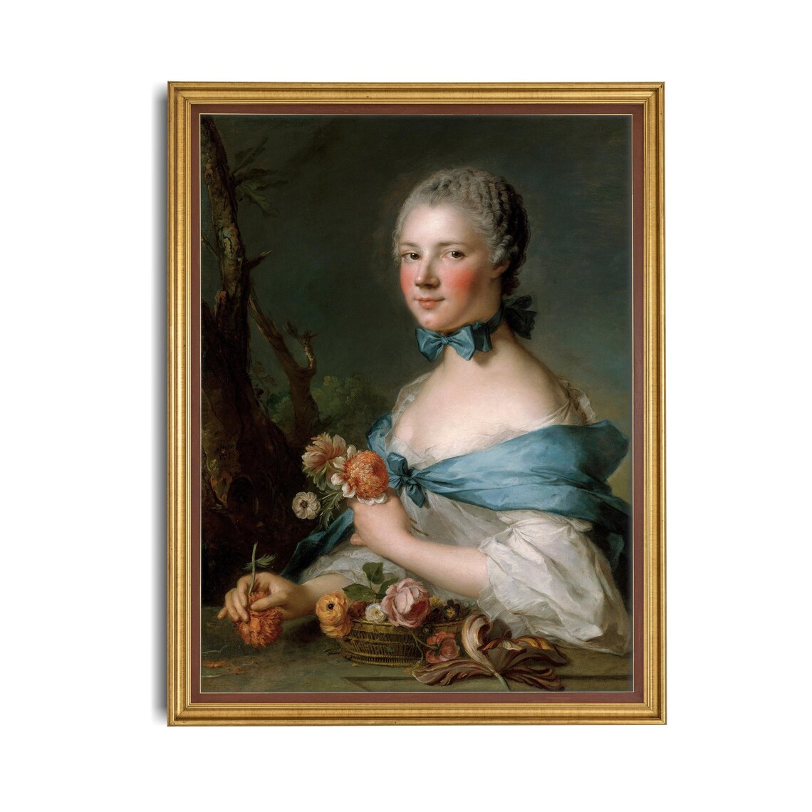 Woman with Blue Ribbon Holding Flowers Rococo Portrait Poster - Image 4
