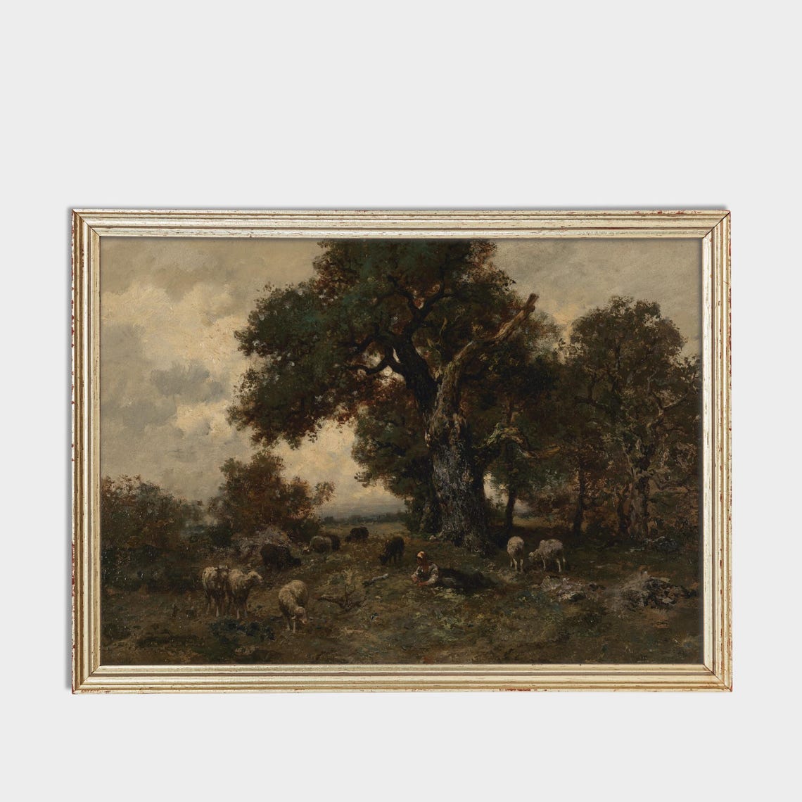 Shepherd Resting with His Sheep Flock Beneath a Grand Oak Tree Poster - Image 3