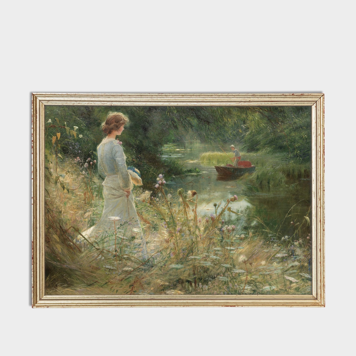 Woman in White Gown by a Flowering Riverbank Romantic Painting Poster - Image 3