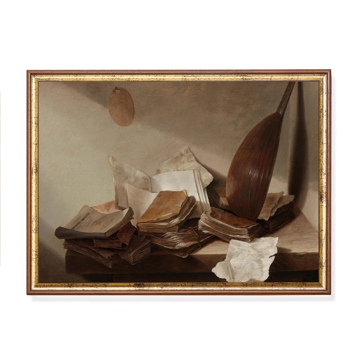 Old Books Papers and a Lute on a Shelf Antique Trompe lOeil Poster