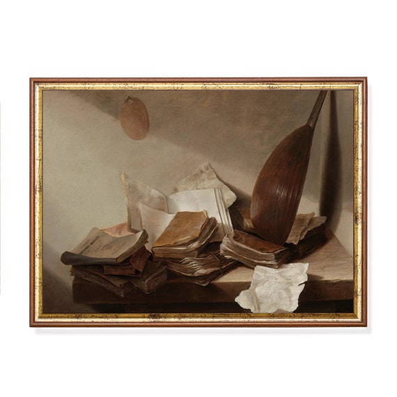 Vintage Still Life With Books Antique Painting Moody Rustic Artwork Wall Art Farmhouse Decor Fine Art