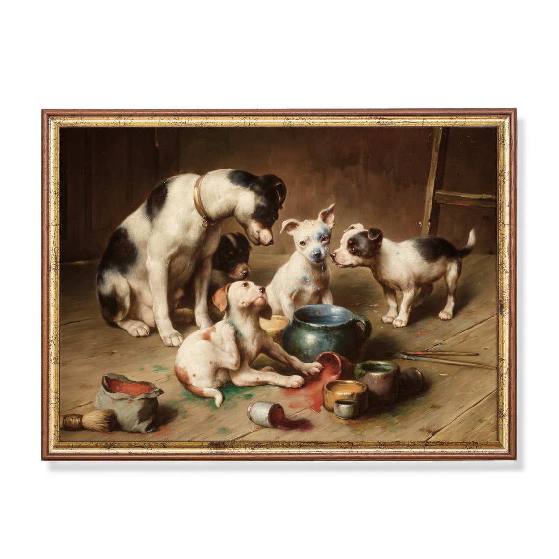 Funny Puppies Spilling Paint Pots Mischievous Dog Painting Poster