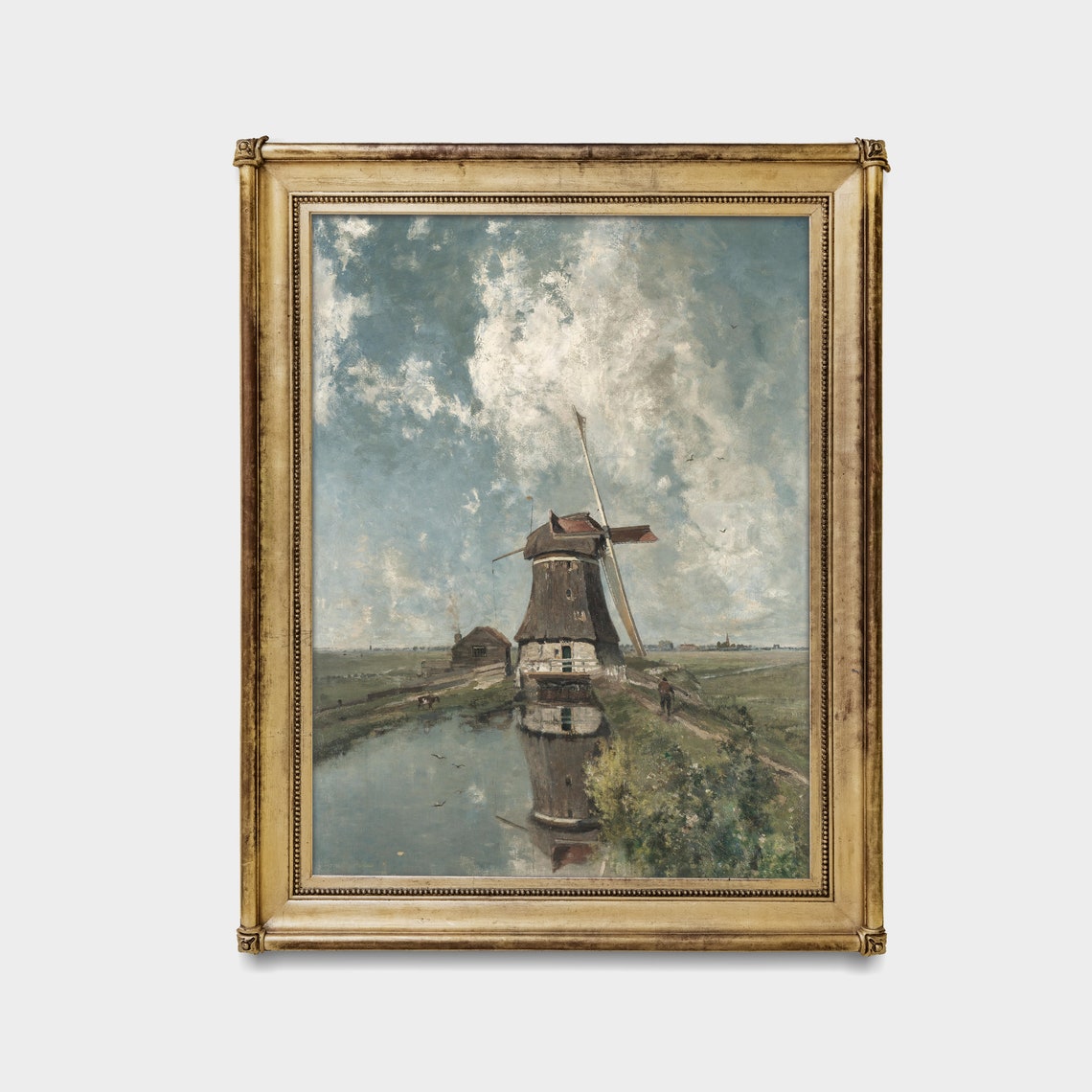 Dutch Windmill By Canal Under Cloudy Sky Vintage Landscape Poster - Image 2