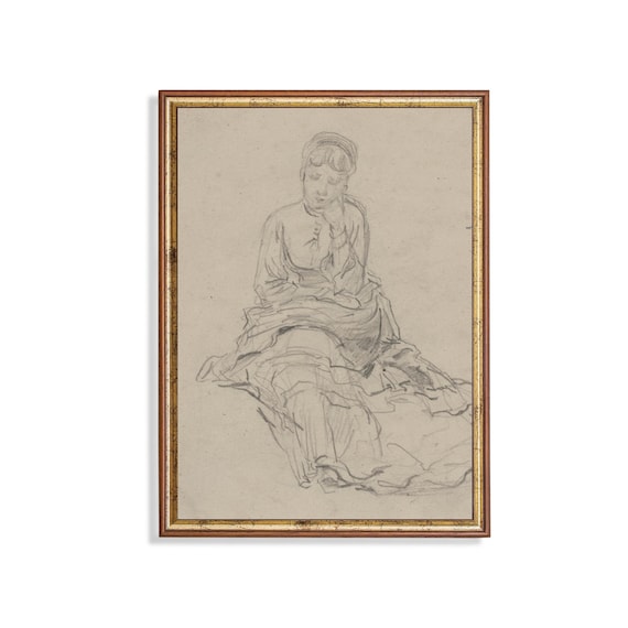 Seated Young Woman In A Dress Pencil Sketch Vintage Drawing Poster