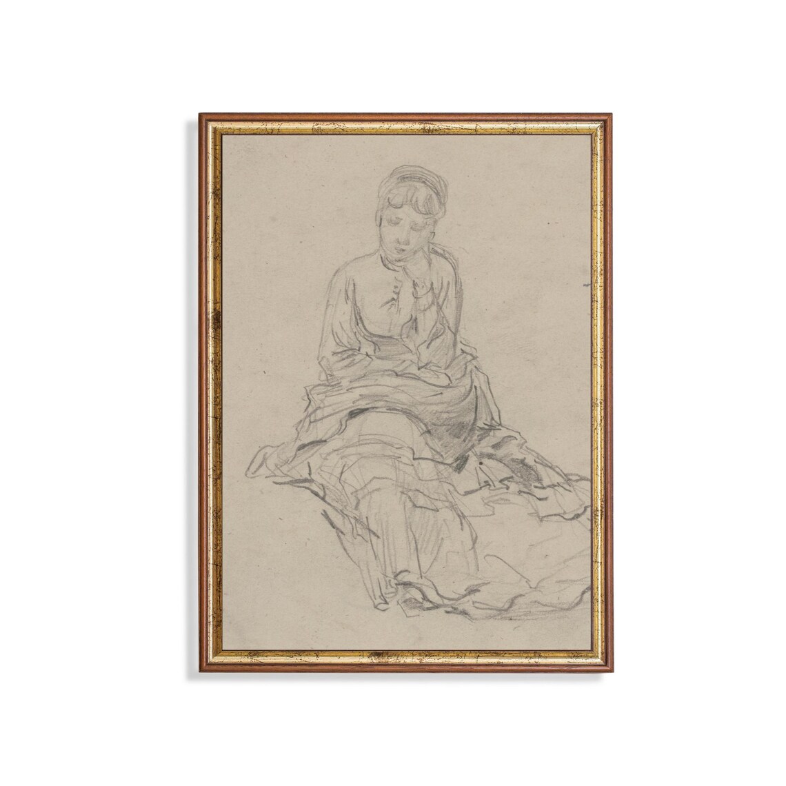 Seated Young Woman In A Dress Pencil Sketch Vintage Drawing Poster