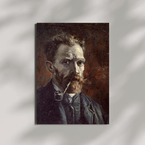 Van Gogh Self Portrait With Pipe Print Vintage Impressionist Art Dark Academia Wall Decor Moody Oil Painting Classic Fine Art
